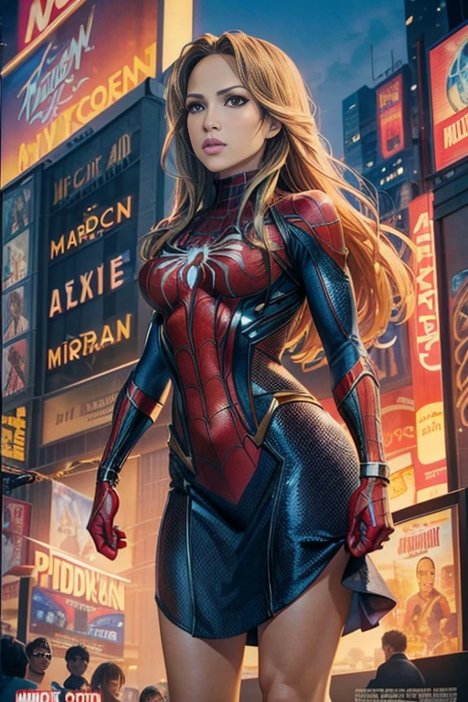Jennifer Lopez、マーベルコミックの映画Poster、so beautiful、Movies about Spider-Man、sexy、whole body、Wearing a skirt、Premiere Date、Poster、belly buttonを突き出す、new york、She's wearing a ripped Spiderman suit、The suit is torn、Wearing a skirt、Red and black color scheme、dynamic、masterpiece、highest quality、Super detailed、Very detailed、Delicate and beautiful shine、Ultra-high resolution、Cinematic、break、breakドロップ、(Torn clothes:1.5)、(Wet clothes:1.4)、Bare shoulders、Real Rain、Wet Hair、belly button、Exposed Skin、sexyな肩を披露