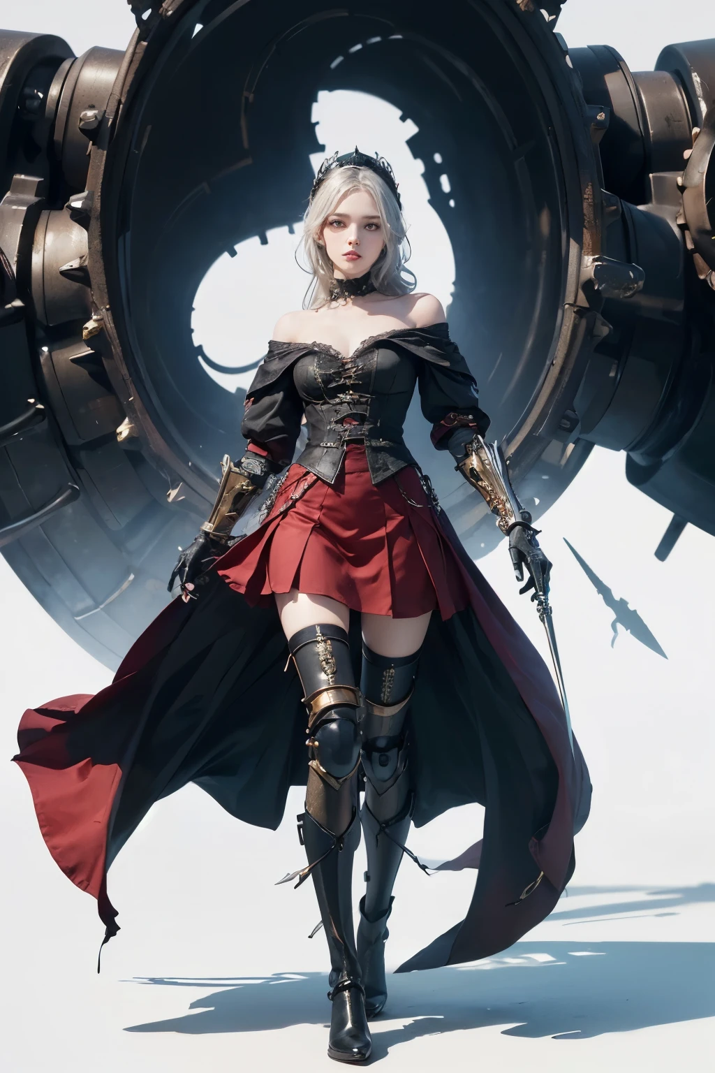 mpts
Copy
(((masutepiece, of the highest quality, super detailed))), white background, plain background, Bloodborne inspired, Bloodborne, occult aesthetic, occult, Complex mechanical cyborg girl, Skeleton body, Off-the-shoulder fashion fused with detailed and intricate steampunk and detailed gothic lolita (with a hood), diadems, very thin long legs, Complex mechanical boots above the knee, Fluttering lace flared mini skirt, beautiful small breasts directed upwards, (((( Highly detailed face))), small thin nose, Small thin lips mouth, (((Very sharp focused eyes))), Very large slit precision pale grey eyes that shine like jewels. very long eyelashes, Silver hair swaying in the wind, Emitting a dazzling light in a mandala pattern, Extremely complex giant mechanical weapons, white background, Very dramatic and cinematic lighting, red and white clothing, full body, whole body, body