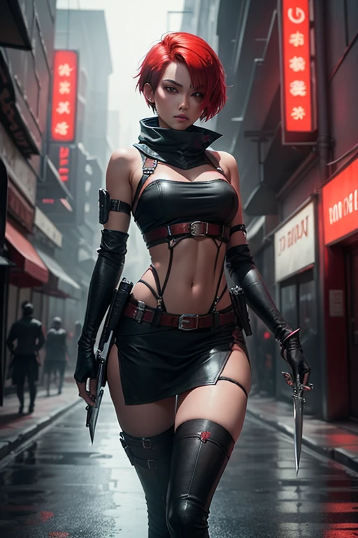 Beautiful assassin girl, red short hair, mysterious, with knives in hands, full length, behind there is haze and a neon city.