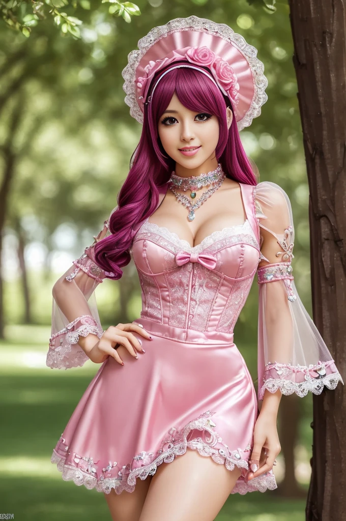 ((Best quality, 8k, Masterpiece, Sharp focus, 35mm lens, f/0.8, amazing beautiful perfect figure :1.4)), side lighting, sexy stylish model, ((big smile)), ((doll-like appearance)), ((beautiful detailed Victorian-Style boots)), Highly detailed face and skin texture:1.2, Detailed eyes:1.2, super detailed skin, shiny skin:1.2, Blushing , long lashes:1.2, high-fidelity bangs, brilliant neon pink long random hairstyle, ((sexy Paradise Kiss cosplay)), bell-shaped skirt, petticoats, high neckline, puffed sleeves, (( ultra detailed lace)), ((ultra detailed embroidery)), intricate details, Paradise Kiss accessoires and matching headpiece, choker, ((large sparkling Paradise Kiss jewelry)), cinematic light, detailed large park background with trees 