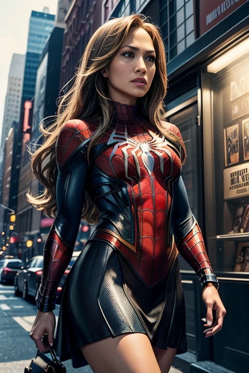 Jennifer Lopez、マーベルコミックの映画Poster、so beautiful、Movies about Spider-Man、sexy、whole body、Wearing a skirt、Premiere Date、Poster、belly buttonを突き出す、new york、She&#39;s wearing a ripped Spiderman suit、The suit is torn、Wearing a skirt、Red and black color scheme、dynamic、masterpiece、highest quality、Super detailed、Very detailed、Delicate and beautiful shine、Ultra-high resolution、Cinematic、break、breakドロップ、(Torn clothes:1.5)、(Wet clothes:1.4)、Bare shoulders、Real Rain、Wet Hair、belly button、Exposed Skin、sexyな肩を披露