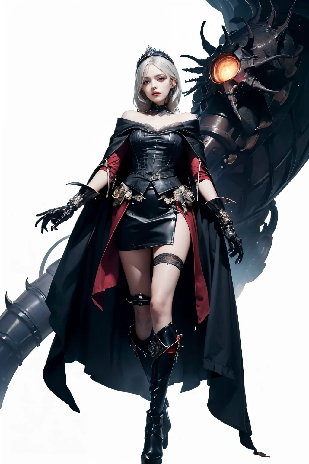 mpts
Copy
(((masutepiece, of the highest quality, super detailed))), white background, plain background, Bloodborne inspired, Bloodborne, occult aesthetic, occult, Complex mechanical cyborg girl, Skeleton body, Off-the-shoulder fashion fused with detailed and intricate steampunk and detailed gothic lolita (with a hood), diadems, very thin long legs, Complex mechanical boots above the knee, Fluttering lace flared mini skirt, beautiful small breasts directed upwards, (((( Highly detailed face))), small thin nose, Small thin lips mouth, (((Very sharp focused eyes))), Very large slit precision pale grey eyes that shine like jewels. very long eyelashes, Silver hair swaying in the wind, Emitting a dazzling light in a mandala pattern, white background, Very dramatic and cinematic lighting, red and white clothing, full body, whole body, body, cosmic horror