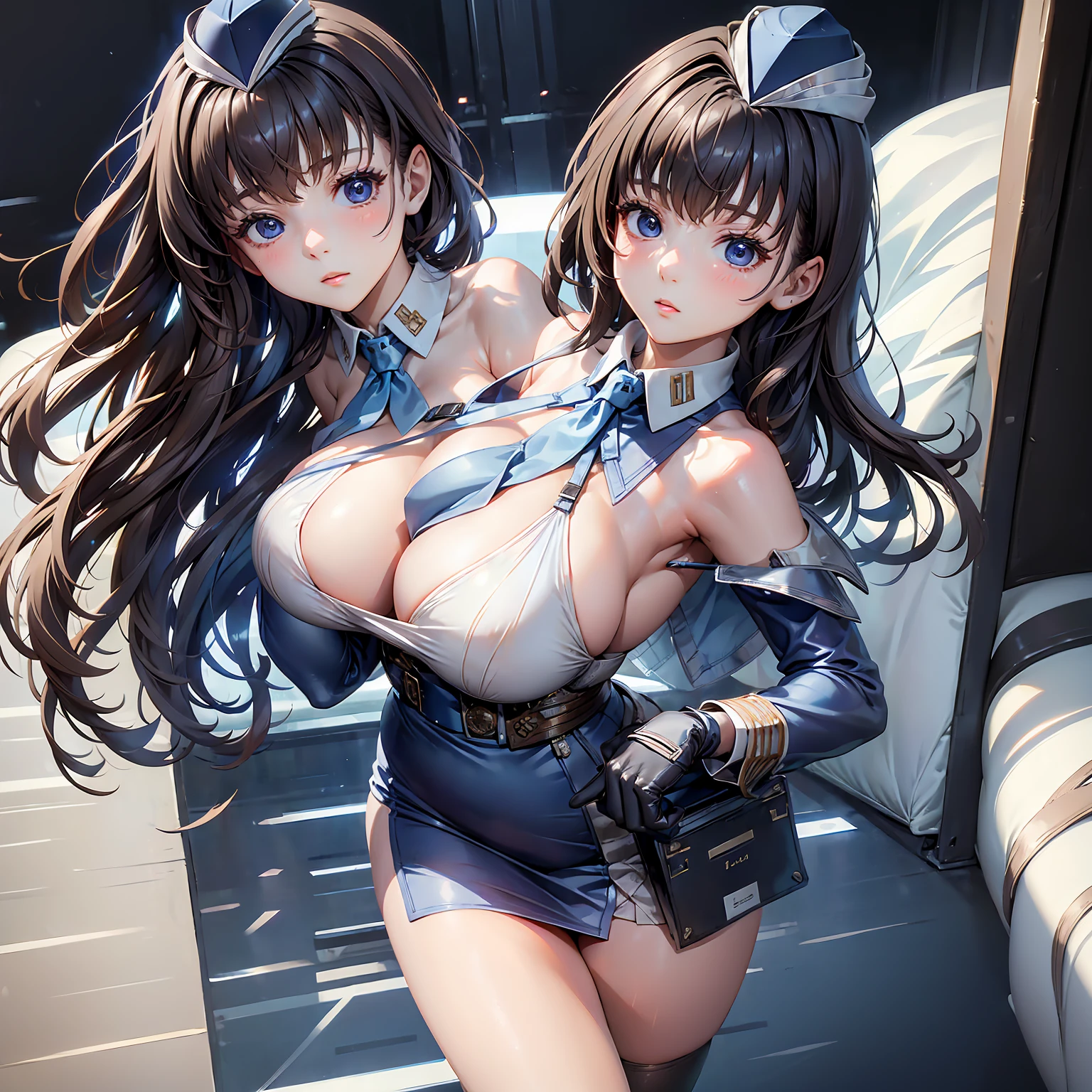 masterpiece,best quality,best resolusion,1 girl,2heads,detailed,Marian character,wearing a blue and white flight attendant hat,long brown hair,gray eyes,wearing a blue uniform with a white cloth from the neck to the chest,wearing a short blue skirt,brown belt with storage,wearing black gloves,wearing a light blue tie,sleep on the bed,bedroom background,big breasts,beautiful face,beautiful hair,beautiful eyes,beautiful body,beautiful hand,ideal body