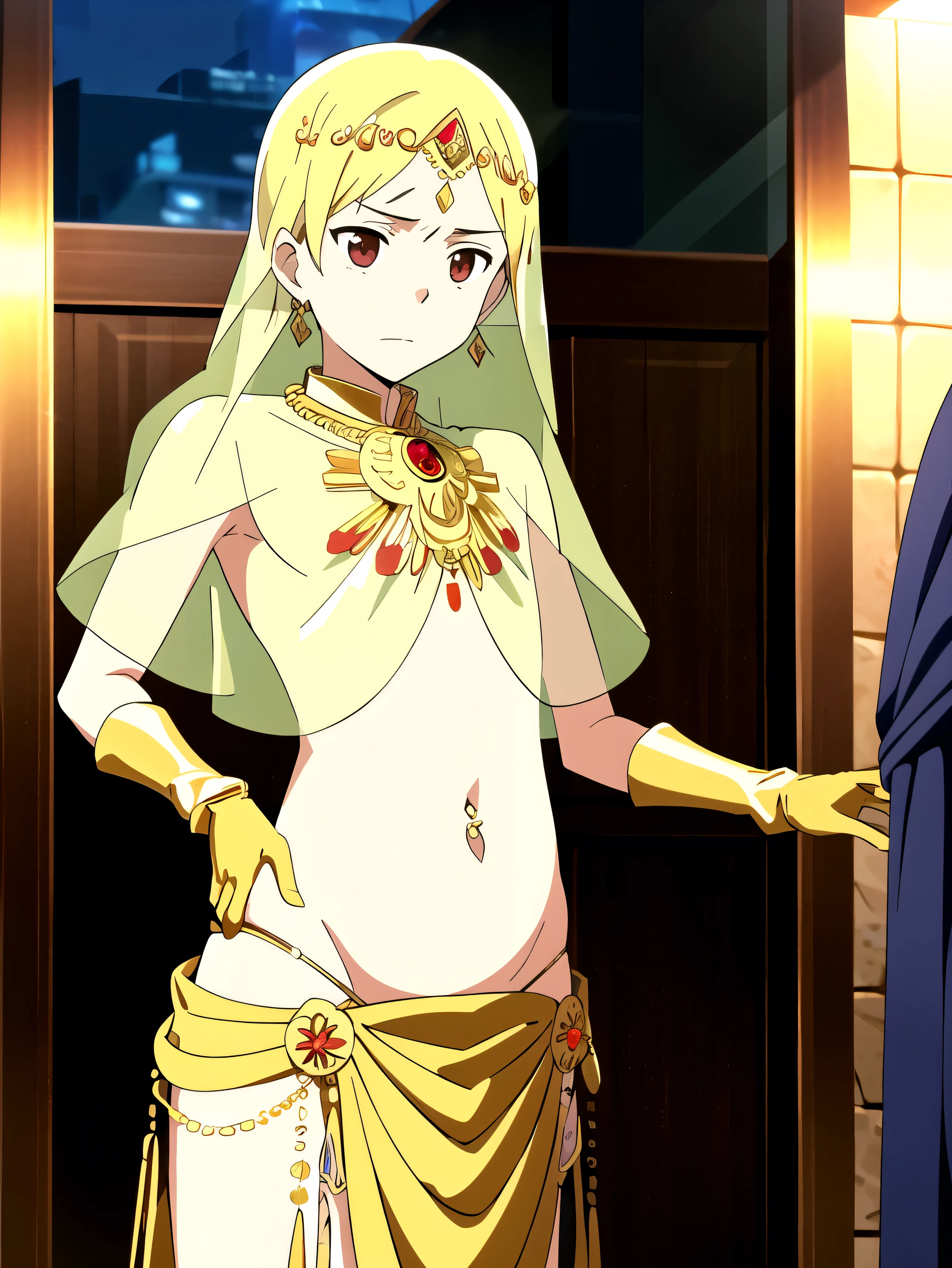 Highres, Masterpiece, Best quality at best,High-quality illustrations, 1boy, Boy, Shota, solo person, Transparent veil covering the mouth, Transparent veil covering the waist, Gold necklace, Gold earrings, Navel piercing, Gloves, Desert, Belly dancer, night day, Anime screencap style, depth field, Uhd