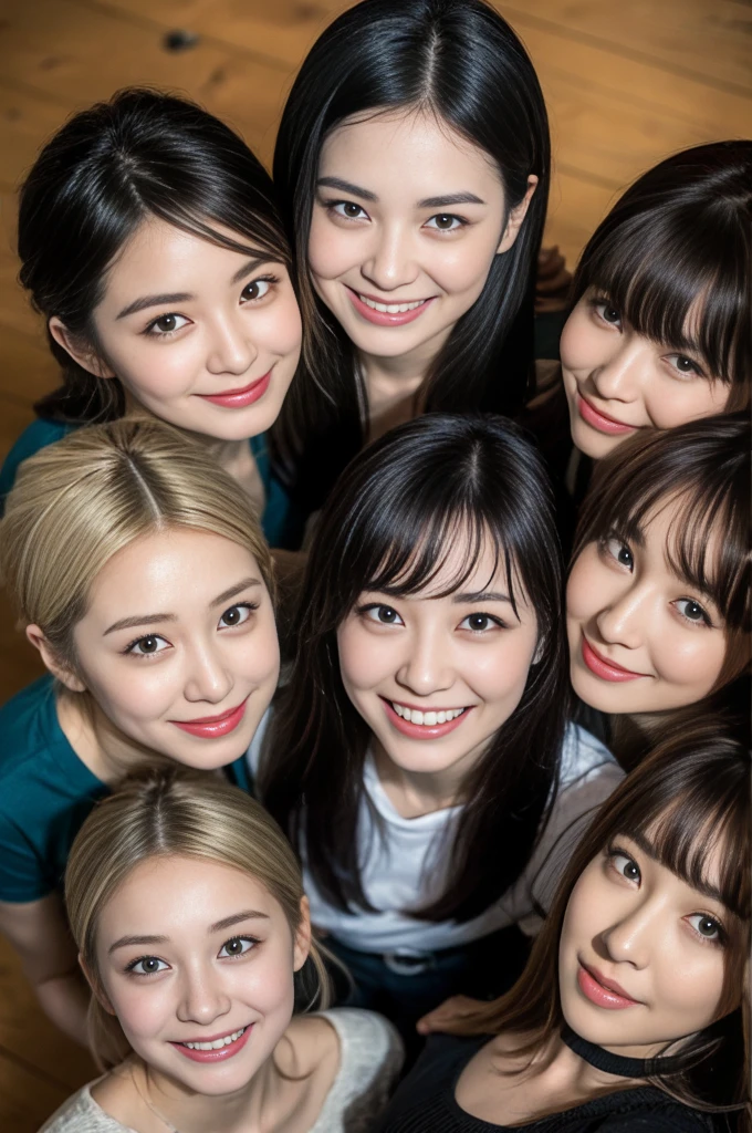 (8K、RAW photography、top-quality、tmasterpiece:1.2)、ultra - detailed、Hyper-Resolution、(hyper realisitc:1.4)、(Use the kiss you throw as a camera)from the above、camera shot from above、Shoot the camera angle from above、I look at this with upward eyes、Arms outstretched、Arms spread wide、Use high-quality images taken from above with your camera、(Five girls in the attic 1:1.3)、、Offshore girls(dreamlike lighting)Head to waist、、white skinned、Fair-skinned female proofreading、super high image quality、、Beautiful female proofreading reflecting in light、astonishing detail、Beautiful girls in very detailed、(Faces with different patterns1:1.2)、(Different facial emotions 1:1.3)、Each hairstyle has its own characteristics、colours々Hairstyles、colours々The hair color shines with a clean sheen、I love fishing on the boat、Brown hair shining in the light、One has a ponytail、、Modern cute girl、very detailed faces very detailed eyes、Very realistic skin、 Extremely detailed fingers, Highly detailed nose, highly detail mouth, perfect anatomia, (Miniskirt 1:1.2)、、Their hair details sparkle、Hot teeth and smiles、Realistic body, white skinned, glistning skin, Slim body, Long straight hair, (Blunt bangs:1.2), , nixeu and sakimichan, twice, seifuku, sakimichan, promotional still, lalisa manobal, alena aenami and lilia alvarado