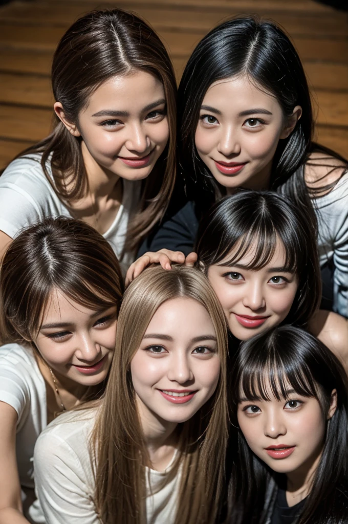 (8K、RAW photography、top-quality、tmasterpiece:1.2)、ultra - detailed、Hyper-Resolution、(hyper realisitc:1.4)、(Use the kiss you throw as a camera)from the above、camera shot from above、Shoot the camera angle from above、I look at this with upward eyes、Arms outstretched、Arms spread wide、Use high-quality images taken from above with your camera、(Five girls in the attic 1:1.3)、、Offshore girls(dreamlike lighting)Head to waist、、white skinned、Fair-skinned female proofreading、super high image quality、、Beautiful female proofreading reflecting in light、astonishing detail、Beautiful girls in very detailed、(Faces with different patterns1:1.2)、(Different facial emotions 1:1.3)、Each hairstyle has its own characteristics、colours々Hairstyles、colours々The hair color shines with a clean sheen、I love fishing on the boat、Brown hair shining in the light、One has a ponytail、、Modern cute girl、very detailed faces very detailed eyes、Very realistic skin、 Extremely detailed fingers, Highly detailed nose, highly detail mouth, perfect anatomia, (Miniskirt 1:1.2)、、Their hair details sparkle、Hot teeth and smiles、Realistic body, white skinned, glistning skin, Slim body, Long straight hair, (Blunt bangs:1.2), , nixeu and sakimichan, twice, seifuku, sakimichan, promotional still, lalisa manobal, alena aenami and lilia alvarado