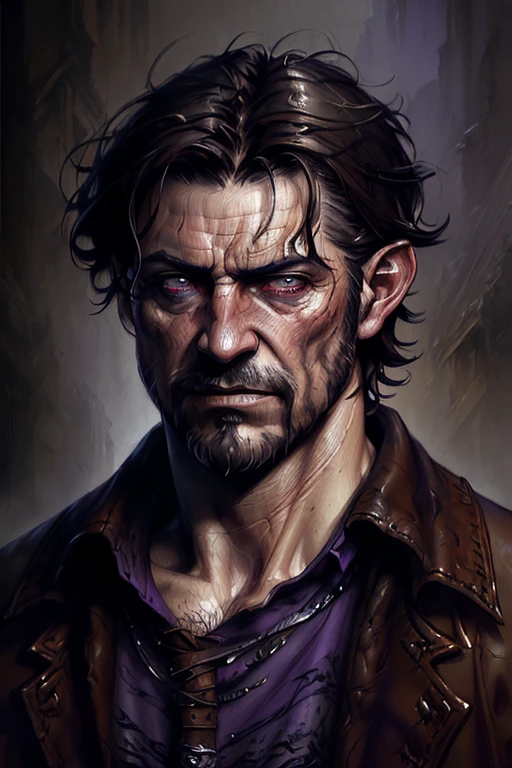 middle aged man, ((short hair)) messy hair, dark hair, fantasy styled purple shirt, ((short messy scraggly facial hair)) pointed face and nose, grey eyes, fantasy style dnd character, rough and rugged, angry man by luis royo
 inzaniak
bichu, oil painting brush strokes around edges