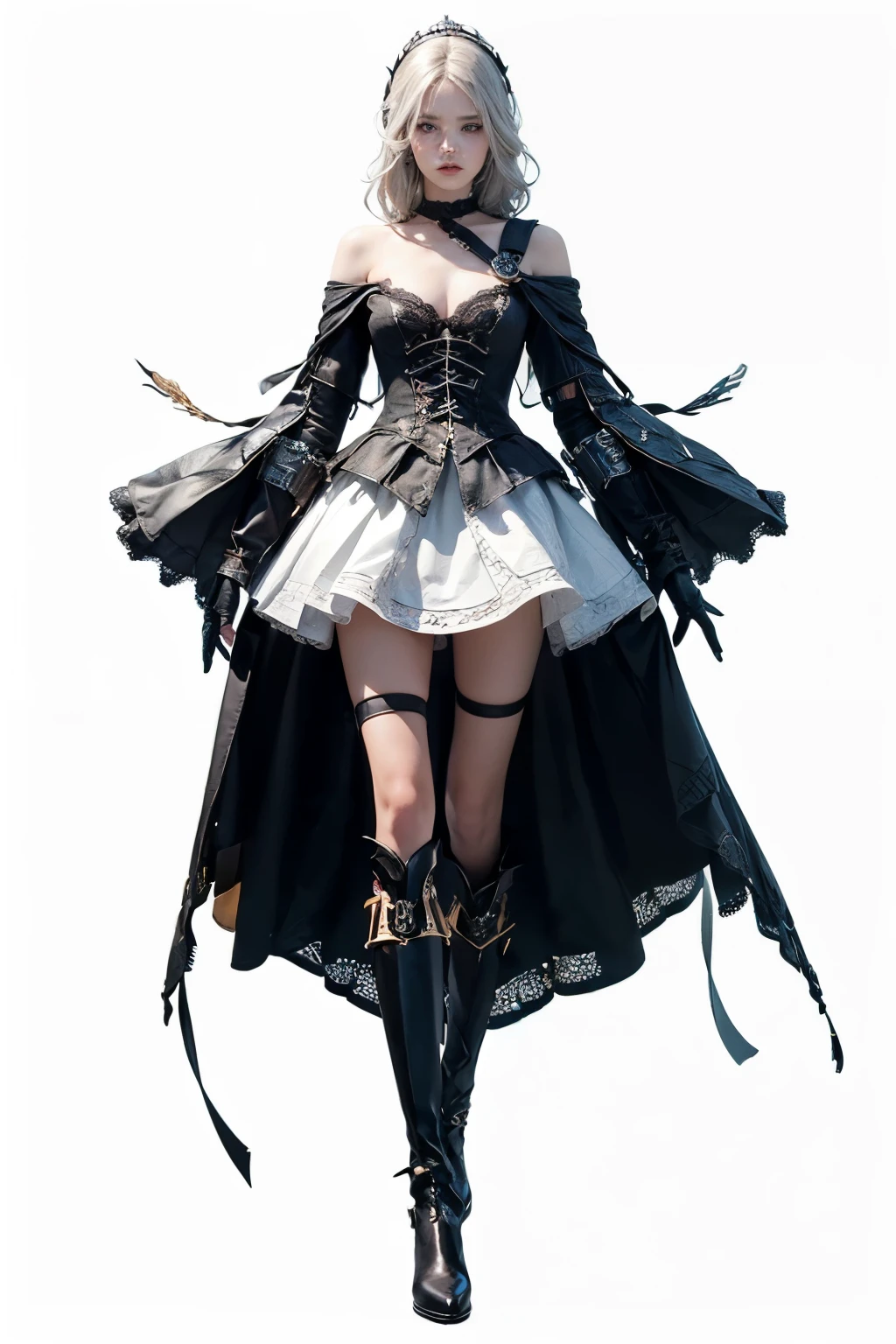 mpts
Copy
(((masutepiece, of the highest quality, super detailed))), a knight, white background, plain background, Bloodborne inspired, Bloodborne, occult aesthetic, occult, Complex mechanical cyborg girl, Skeleton body, Off-the-shoulder fashion fused with detailed and intricate steampunk and detailed gothic ta (with a hood), diadems, very thin long legs, Complex mechanical boots above the knee, Fluttering lace flared mini skirt, beautiful small breasts directed upwards, (((( Highly detailed face))), small thin nose, Small thin lips mouth, (((Very sharp focused eyes))), Very large slit precision pale grey eyes that shine like jewels. very long eyelashes, Silver hair swaying in the wind, Emitting a dazzling light in a mandala pattern, white background, Very dramatic and cinematic lighting, red and white clothing, full body, whole body, body, cosmic horror