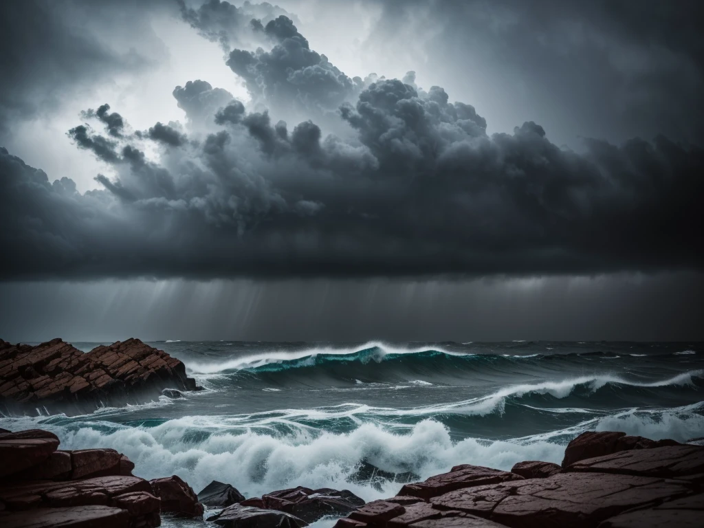 a dramatic hurricane in the mountains, cloudy orange dark sky, moody dramatic clouds, massive wind swirls, crashing waves, rocky cliffs, atmospheric lighting, cinematic composition, vivid colors, high contrast, photorealistic, (best quality,8k,highres,masterpiece:1.2),ultra-detailed,(realistic,photorealistic,photo-realistic:1.37),dramatic lighting,volumetric fog,cinematic depth of field