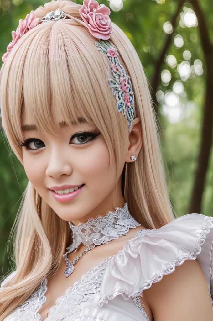 ((Best quality, 8k, Masterpiece, Sharp focus, 35mm lens, f/0.8, amazing beautiful perfect figure :1.4)), side lighting, sexy stylish Asian model, ((big smile)), ((doll-like appearance)), ((beautiful detailed Victorian-Style boots)), Highly detailed face and skin texture:1.2, super detailed eyes:1.2, super detailed skin, shiny skin:1.2, Blushing ,long lashes:1.2, high-fidelity bangs, brilliant light blonde long random hairstyle, ((sexy Paradise Kiss cosplay)), bell-shaped skirt, petticoats, high neckline, puffed sleeves, (( ultra detailed lace)), ((ultra detailed embroidery)), intricate details, Paradise Kiss accessoires and matching headpiece, choker, ((large sparkling Paradise Kiss jewelry)), cinematic light, detailed large park background with trees