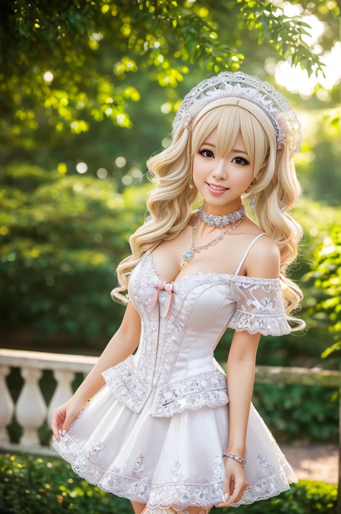 ((Best quality, 8k, Masterpiece, Sharp focus, 35mm lens, f/0.8, amazing beautiful perfect figure :1.4)), side lighting, sexy stylish Asian model, ((big smile)), ((doll-like appearance)), ((beautiful detailed Victorian-Style boots)), Highly detailed face and skin texture:1.2, super detailed eyes:1.2, super detailed skin, shiny skin:1.2, Blushing ,long lashes:1.2, high-fidelity bangs, brilliant light blonde long random hairstyle, ((sexy Paradise Kiss cosplay)), bell-shaped skirt, petticoats, high neckline, puffed sleeves, (( ultra detailed lace)), ((ultra detailed embroidery)), intricate details, Paradise Kiss accessoires and matching headpiece, choker, ((large sparkling Paradise Kiss jewelry)), cinematic light, detailed large park background with trees