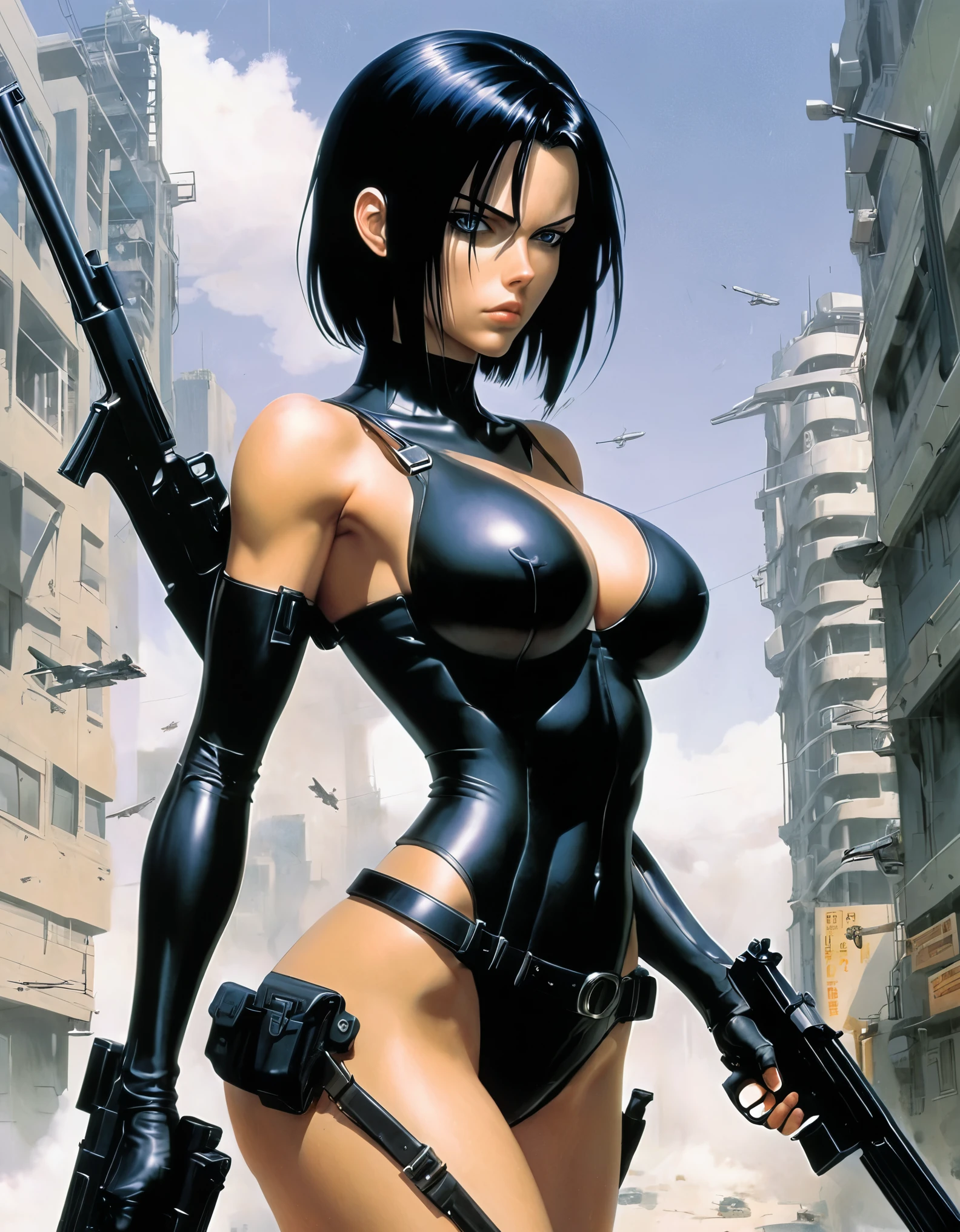 a woman with a gun in her hand, concept art by Masamune Shirow, pixiv, retrofuturism, aeon flux, style is a blend of æon flux, möbius and æon flux