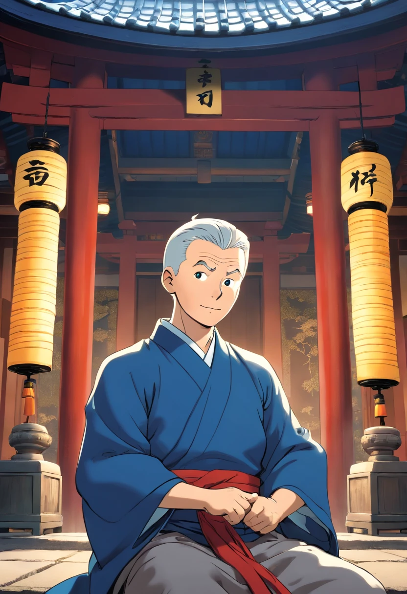 Tintin, 50 years old male wearing dark blue Japanese kimono, slick and neat short gray hair, exploring a Japanese temple, european comics