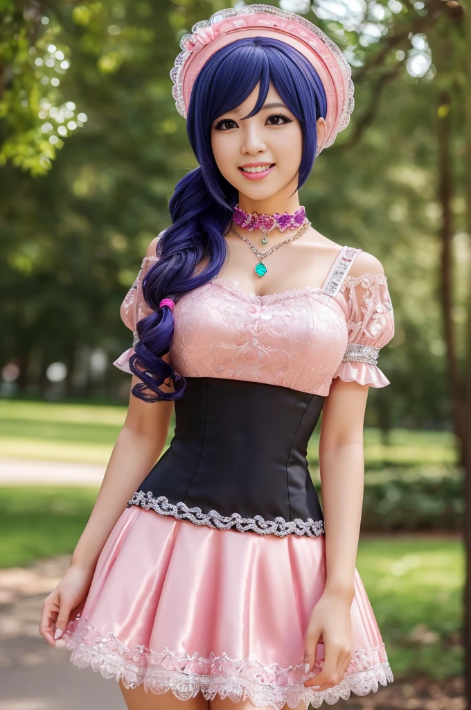 ((Best quality, 8k, Masterpiece, Sharp focus, 35mm lens, f/0.8, amazing beautiful perfect figure :1.4)), side lighting, sexy stylish Asian model, ((big smile)), ((doll-like appearance)), ((beautiful detailed Victorian-Style boots)), Highly detailed face and skin texture:1.2, super detailed eyes:1.2, super detailed skin, shiny skin:1.2, Blushing ,long lashes:1.2, high-fidelity bangs, brilliant neon pink long random hairstyle, ((sexy Paradise Kiss cosplay)), bell-shaped skirt, petticoats, high neckline, puffed sleeves, (( ultra detailed lace)), ((ultra detailed embroidery)), intricate details, Paradise Kiss accessoires and matching headpiece, choker, ((large sparkling Paradise Kiss jewelry)), cinematic light, detailed large park background with trees 