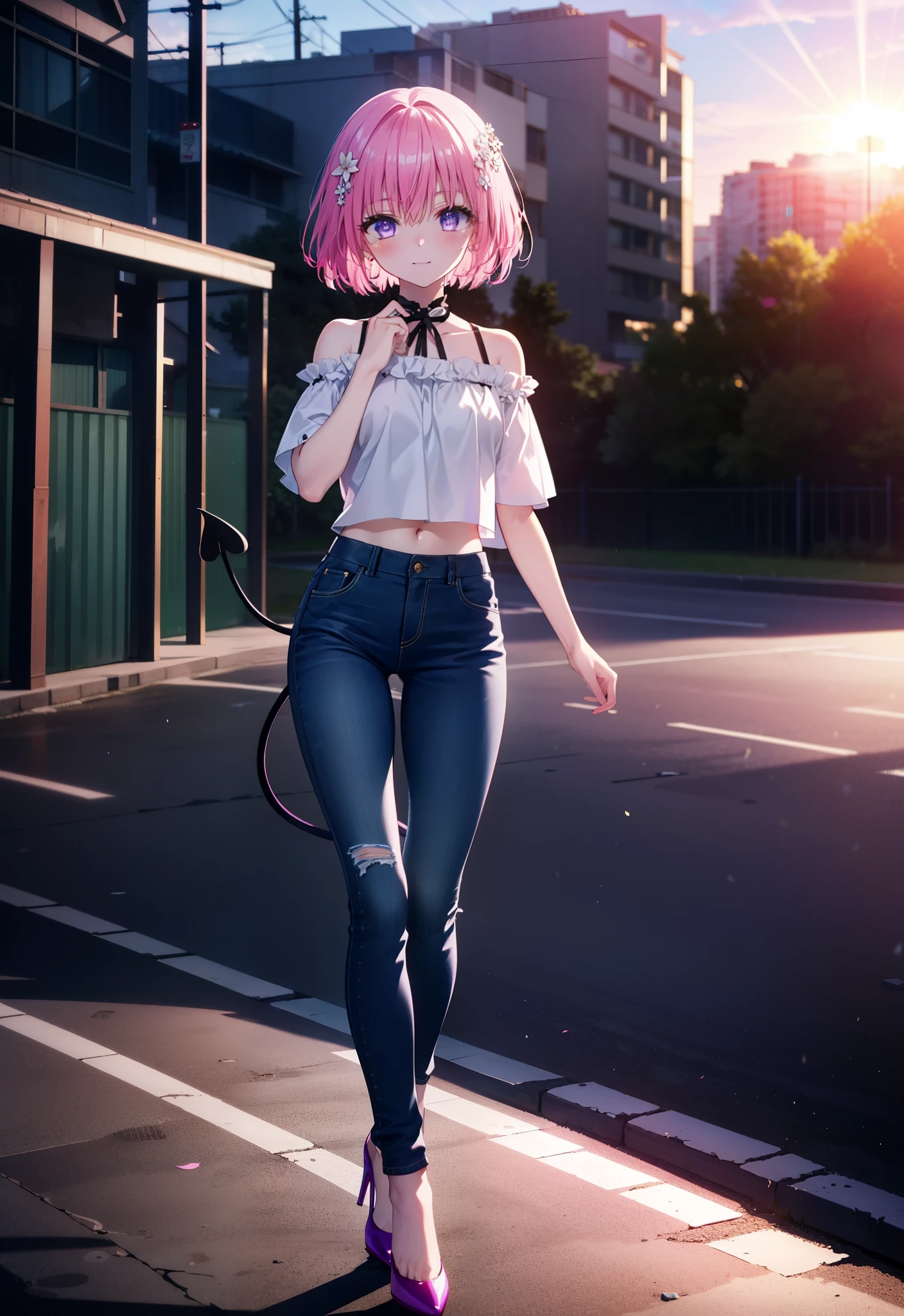 Momodebilke, A type of Deviluke, demon tail, Hair Flowers, hair ornaments, (Purple eyes:1.1), Pink Hair, short hair, tail, smile,
break demon tail, Cordo shoulder top,Skinny jeans,Stiletto heels,morning,morning陽,The sun is rising,Walking,whole bodyがイラストに入るように, break outdoors, 公園 break looking at viewer, whole body, break (masterpiece:1.2), highest quality, High resolution, unity 8k wallpaper, (figure:0.8), (beautiful detailed eyes:1.6), extremely detailed face, Perfect lighting, extremely detailed CG, (Perfect hands, Perfect Anatomy),