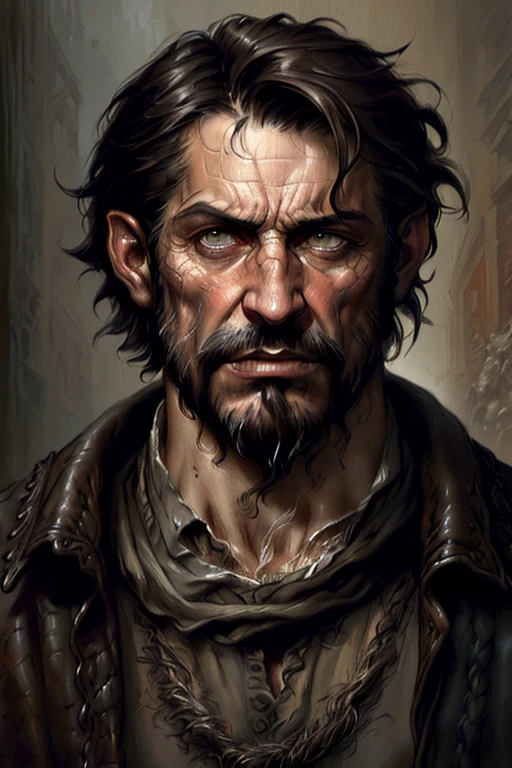 middle aged man, ((short cropped hair)) messy hair, dark hair, fantasy styled travelling garb, ((short messy scraggly facial hair)) pointed face and nose, grey eyes, fantasy style dnd character, rough and rugged, angry man by luis royo
 inzaniak
bichu, oil painting brush strokes around edges