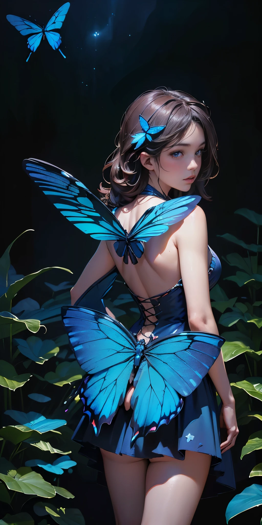 ((masterpiece, highest quality, Highest image quality, High resolution, photorealistic, Raw photo, 8K)), ((Extremely detailed CG unified 8k wallpaper)), A lone blue butterfly fluttering in the starry sky, Huge butterfly wings from the back, (blue glowing wings), Blue wings shining in the dark night, summer dress fluttering,