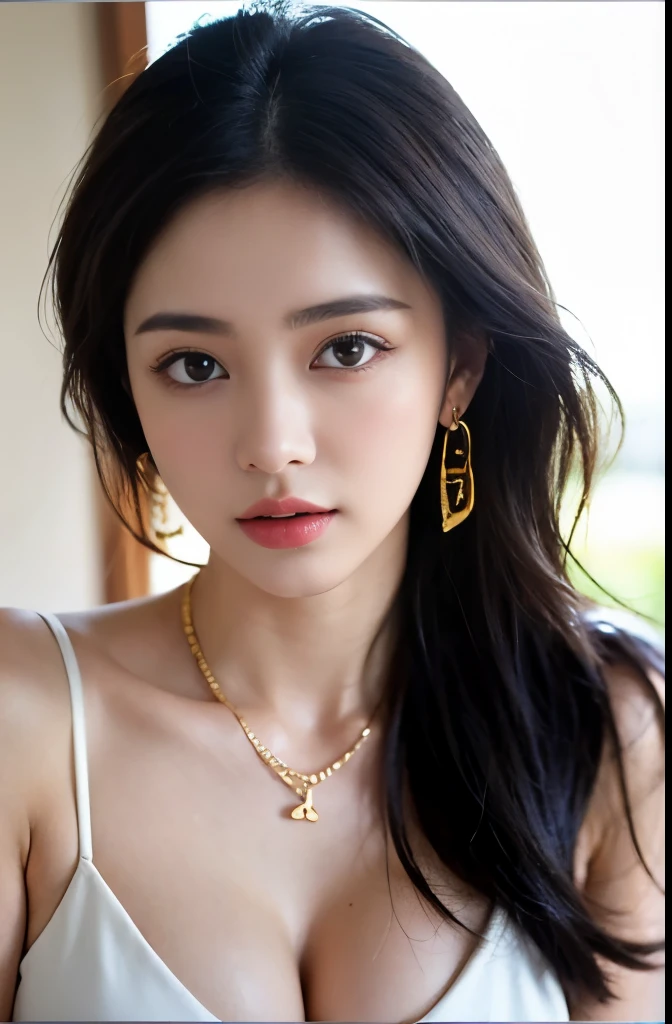 (masterpiece:1.3), (8 thousand, realistic, RAW photos, best quality: 1.4), (1 woman),(very sexy), (Beautiful makeover), (유난히 아름다운 realistic 얼굴), (Build a beautiful body) , (beautiful face), (beautiful face),  (long eyelashes),  (double eyelid), (realistic face), (black hair. parted, long hair:1.3), (아름다운 parted스타일), (realistic eyes), (really beautiful and delicate eyes), (beautiful and big breasts),(realistic skin), (beautiful skin), (absurd), (attractive), (ultra high resolution), (extremely realistic), (very detailed), (golden ratio),   (necklace),  (earring), (So beautiful and sexy)