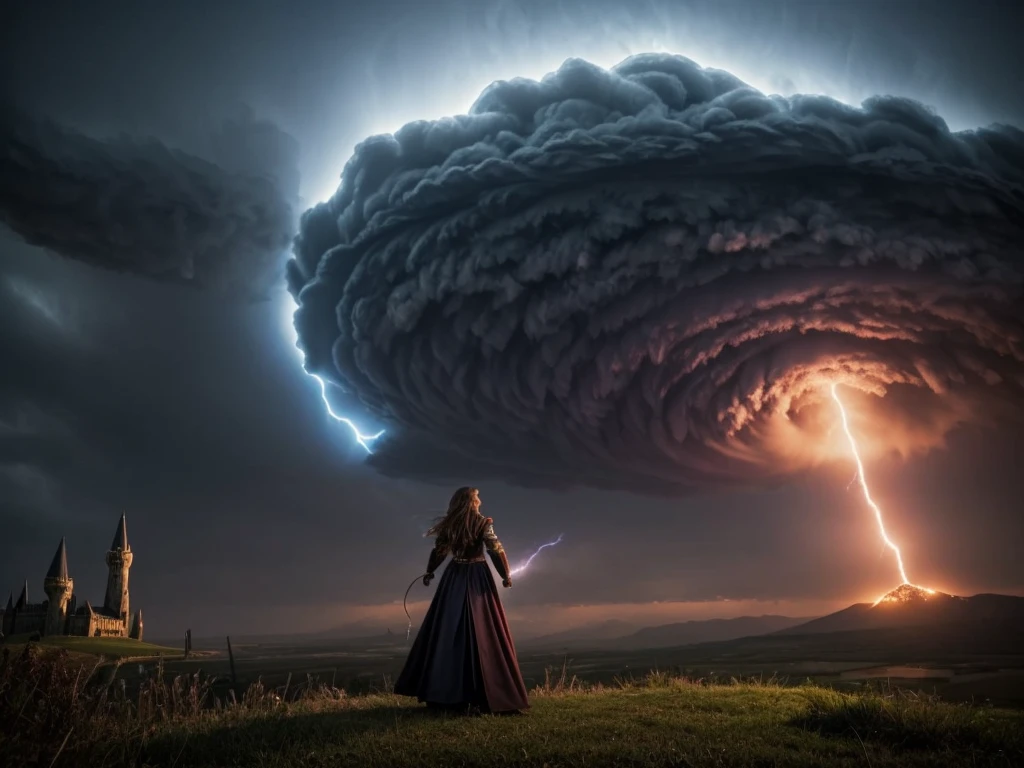 A female wizard, create an attack with tornados to destroy a dark castle