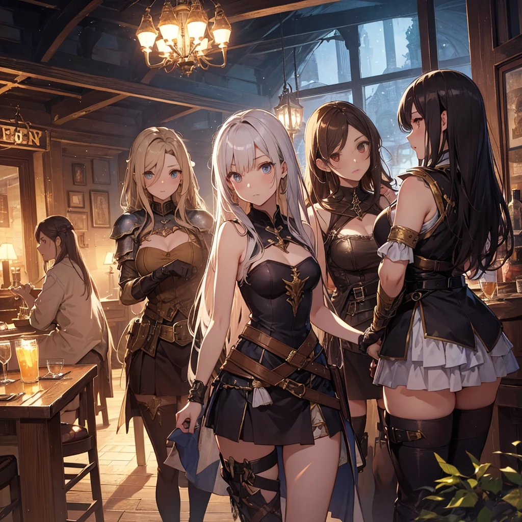 A group of female medieval fantasy adventurers, (in tavern), various hair styles, harem, night, details face, short skirt, seducing, sleeveless, armor