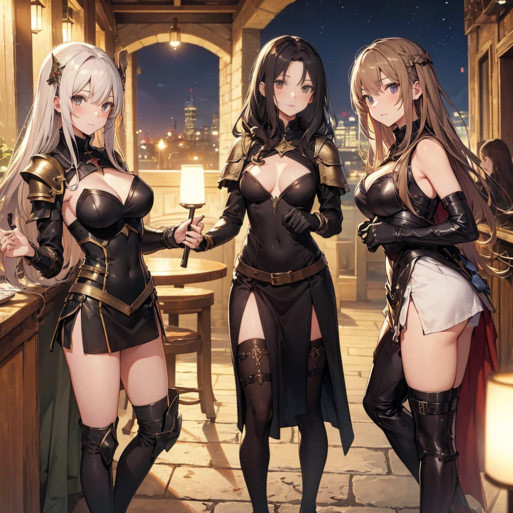 A group of female medieval fantasy adventurers, (in tavern), various hair styles, harem, night, details face, short skirt, seducing, sleeveless, armor