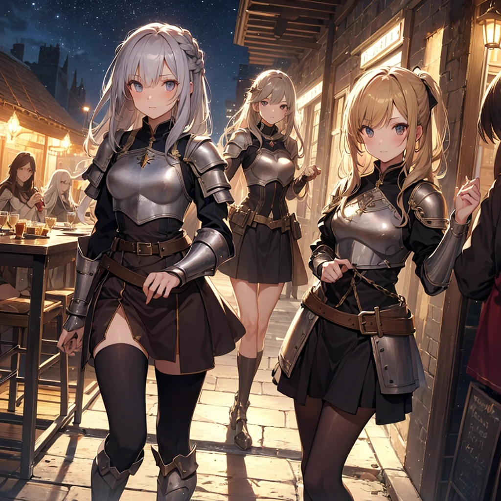 A group of young female knight, (in tavern), various hair styles, harem, wearing armored clothes, metal armor, night, details face, , short skirt, seducing, sword, sleeveless , night, starry night