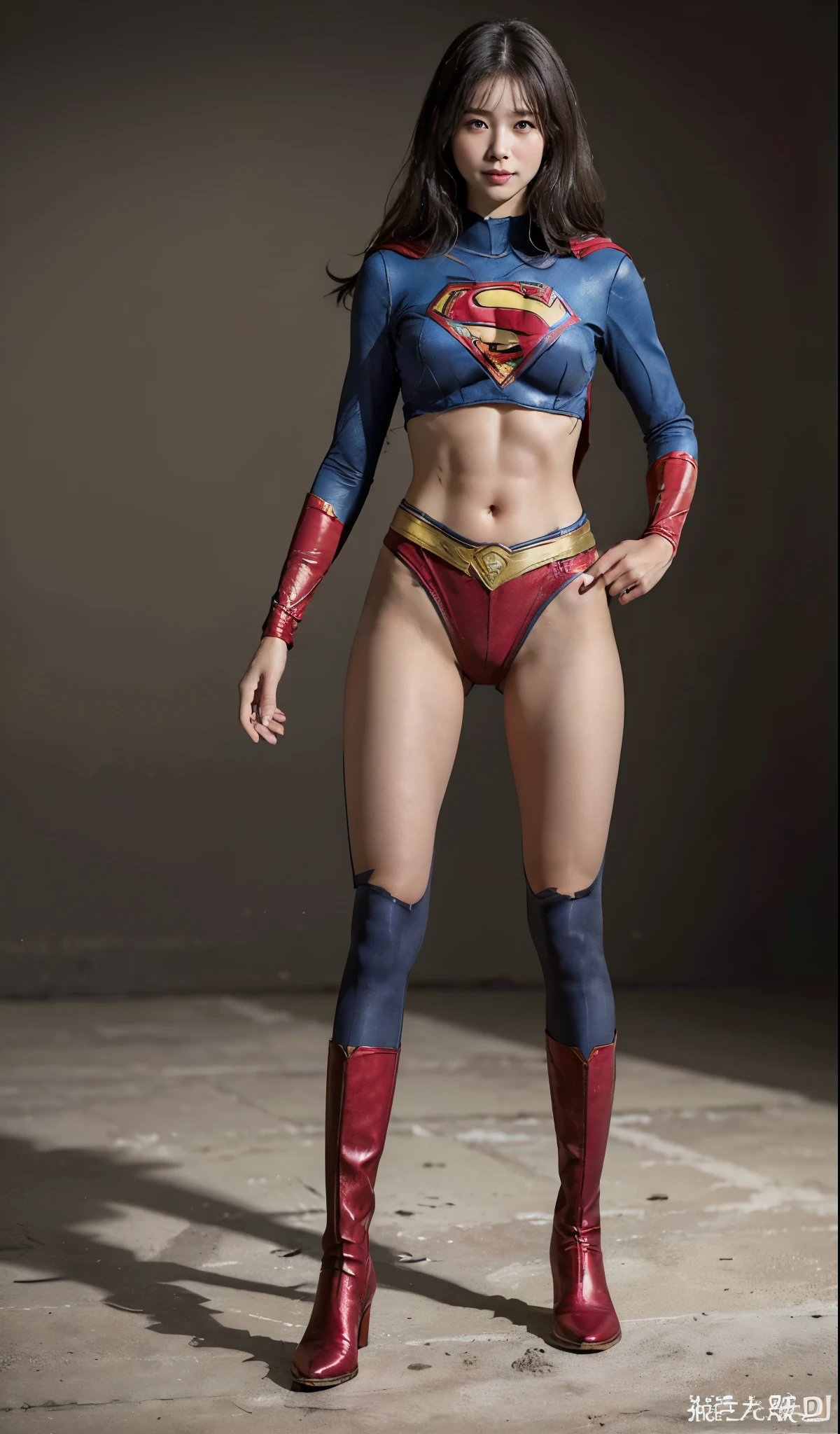 No background、(((Beautiful legs in black tights.)))、(((Legally express the beauty of your smile)))、((((Make the most of your original images)))、(((Supergirl Costume)))、(((Beautiful Hair)))、(((suffering)))、(((Please wear black tights....、Wear red boots)))、((Best image quality、8k))、((highest quality、8k、masterpiece:1.3))、(((Preserve background )))、Sharp focus:1.2、Beautiful woman with perfect figure:1.4、Slim Abs:1.2、Wet body:1.5、Highly detailed face and skin texture、8k
