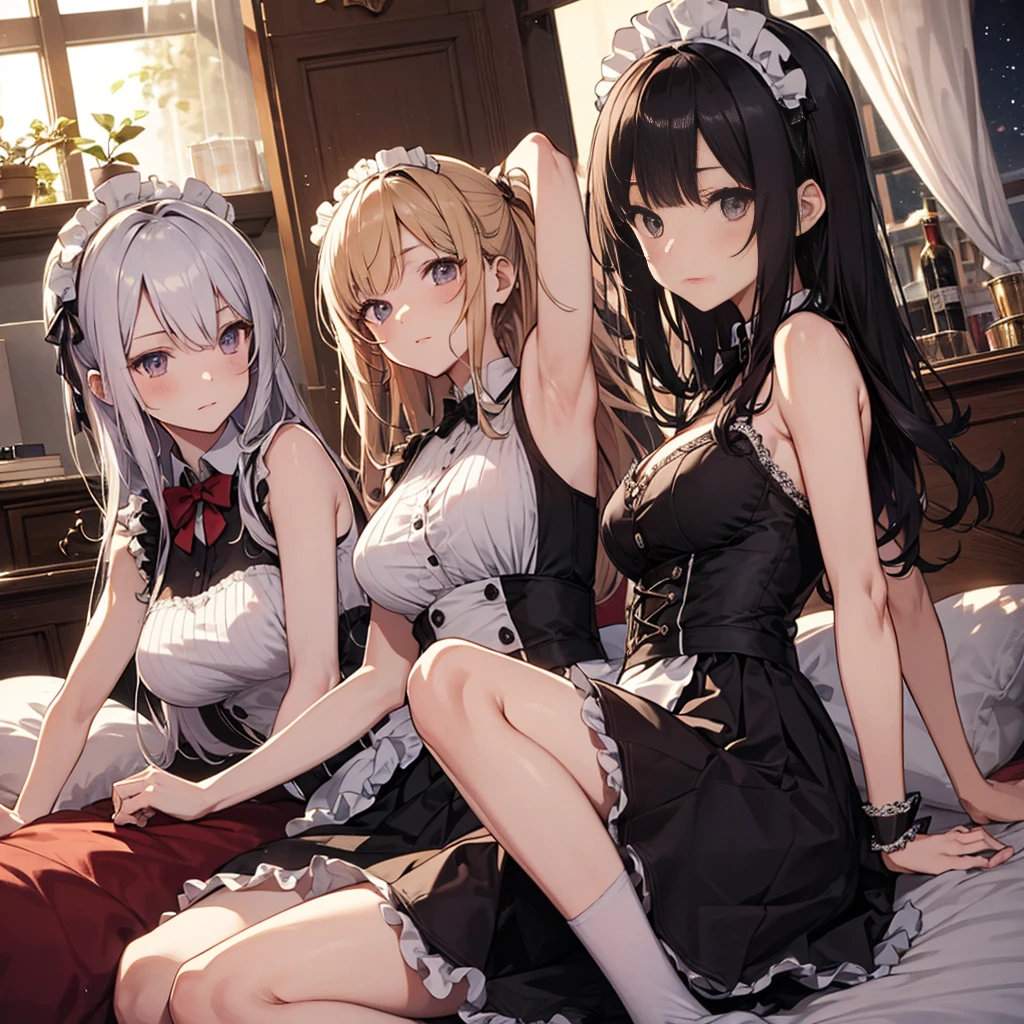 A group of  maids, (in bedroom), various hair styles, harem, night, details face, short skirt, seducing, sleeveless, armpits 