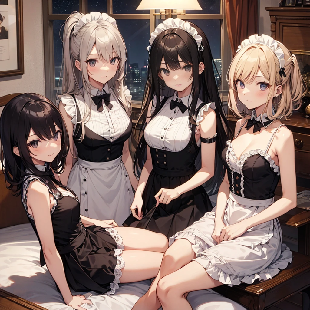 A group of maids, (in bedroom), various hair styles, harem, night, details face, short skirt, seducing, sleeveless, armpits