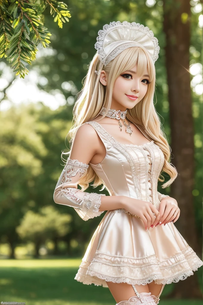 ((Best quality, 8k, Masterpiece, Sharp focus, 35mm lens, f/0.8, amazing beautiful perfect figure :1.4)), side lighting, sexy stylish model, ((big smile)), ((doll-like appearance)), ((beautiful detailed Victorian-Style boots)), Highly detailed face and skin texture:1.2, super detailed eyes:1.2, super detailed skin, shiny skin:1.2, blushing, long lashes:1.2, defined eyebrows:1.2, high-fidelity bangs, brilliant light blonde long random hairstyle, ((sexy Paradise Kiss cosplay)), bell-shaped skirt, petticoats, high neckline, puffed sleeves, (( ultra detailed lace)), ((ultra detailed embroidery)), intricate details, Paradise Kiss accessoires and matching headpiece, choker, ((large sparkling Paradise Kiss jewelry)), cinematic light, detailed large park background with trees
