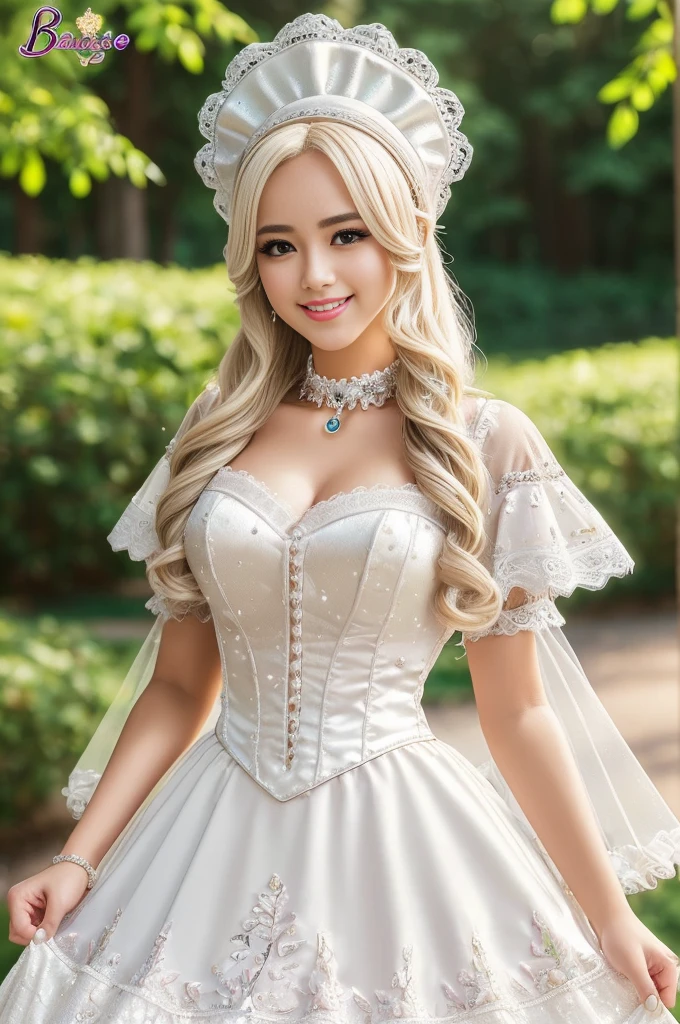 ((Best quality, 8k, Masterpiece, Sharp focus, 35mm lens, f/0.8, amazing beautiful perfect figure :1.4)), side lighting, sexy stylish model, ((big smile)), ((doll-like appearance)), ((beautiful detailed Victorian-Style boots)), Highly detailed face and skin texture:1.2, super detailed eyes:1.2, super detailed skin, shiny skin:1.2, blushing, long lashes:1.2, defined eyebrows:1.2, high-fidelity bangs, brilliant light blonde long random hairstyle, ((sexy Paradise Kiss cosplay)), bell-shaped skirt, petticoats, high neckline, puffed sleeves, (( ultra detailed lace)), ((ultra detailed embroidery)), intricate details, Paradise Kiss accessoires and matching headpiece, choker, ((large sparkling Paradise Kiss jewelry)), cinematic light, detailed large park background with trees