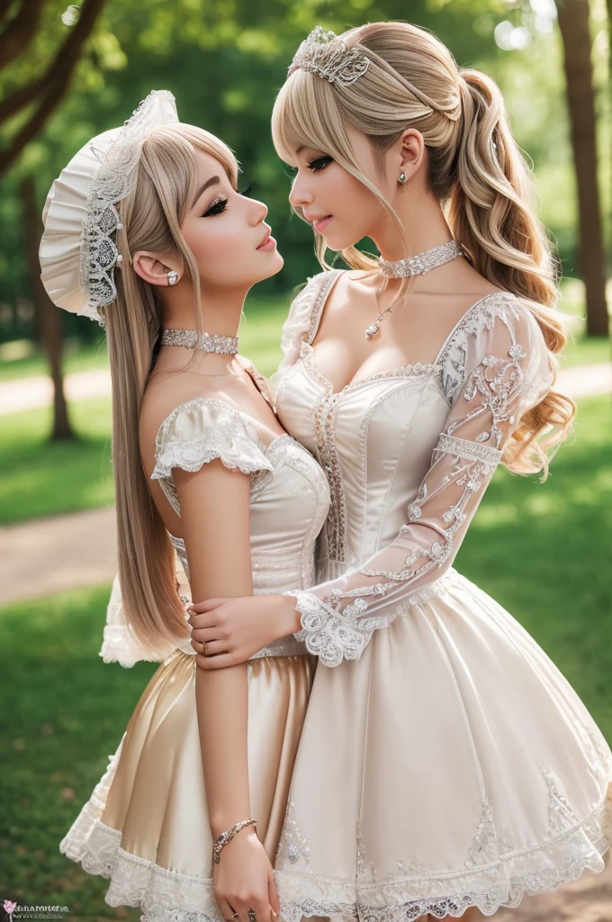 ((Best quality, 8k, Masterpiece, Sharp focus, 35mm lens, f/0.8, amazing beautiful perfect figure :1.4)), side lighting, sexy stylish model, ((big smile)), ((doll-like appearance)), ((beautiful detailed Victorian-Style boots)), Highly detailed face and skin texture:1.2, super detailed eyes:1.2, super detailed skin, shiny skin:1.2, blushing, long lashes:1.2, defined eyebrows:1.2, high-fidelity bangs, brilliant light blonde long random hairstyle, ((sexy Paradise Kiss cosplay)), bell-shaped skirt, petticoats, high neckline, puffed sleeves, (( ultra detailed lace)), ((ultra detailed embroidery)), intricate details, Paradise Kiss accessoires and matching headpiece, choker, ((large sparkling Paradise Kiss jewelry)), cinematic light, detailed large park background with trees