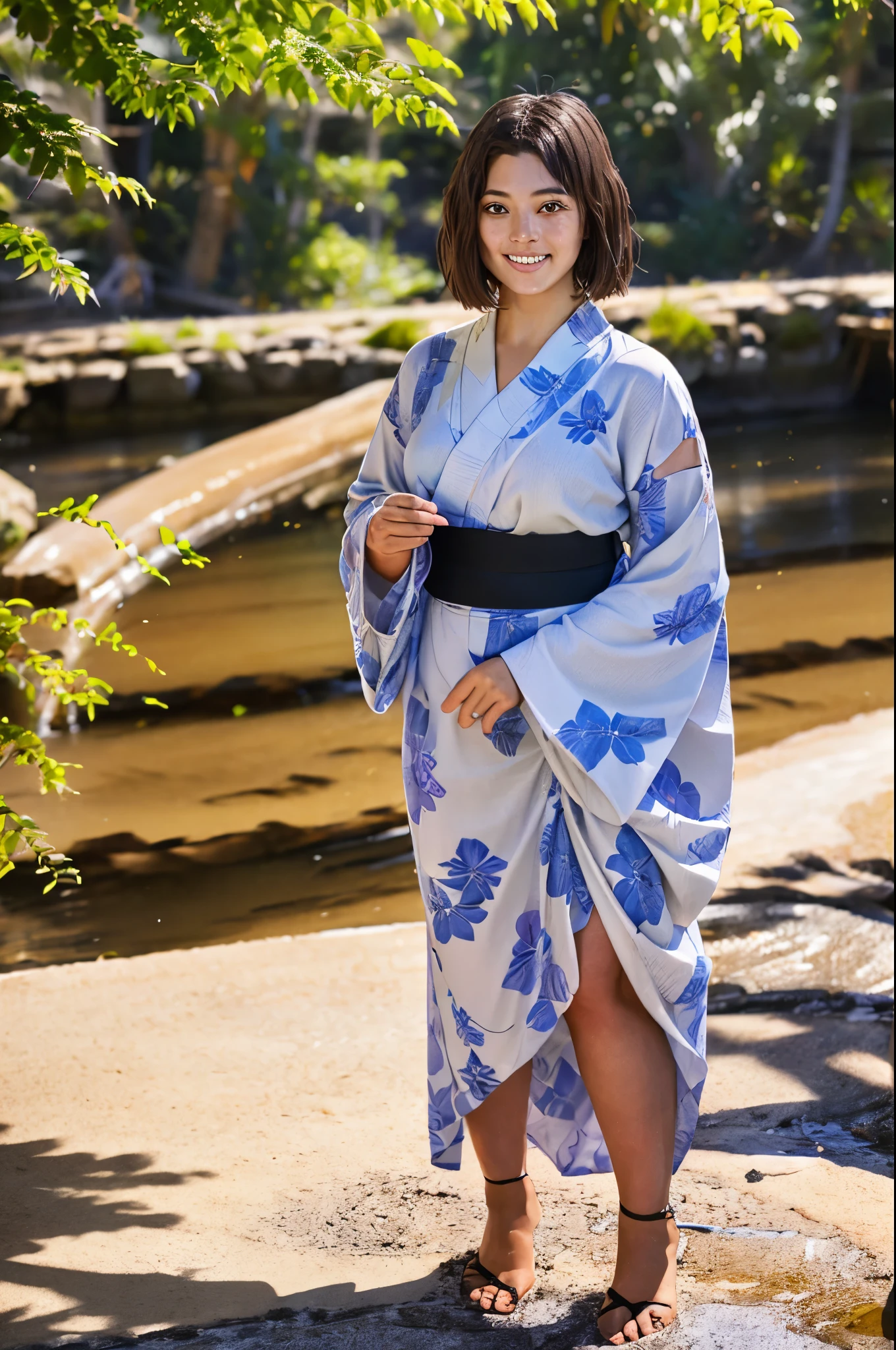 8k,high quality,high resolution,One woman,smile,(tall),whole body,young woman,Japanese,smile,Bobcut,Yukata,Pursing his lips,From above,,