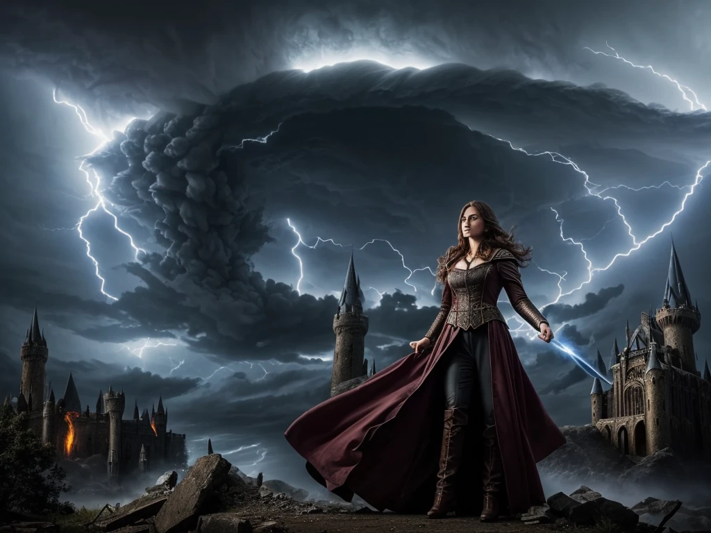 a female wizard conjuring powerful tornados to destroy a dark foreboding castle, detailed facial features, intricate magical effects, dynamic dramatic lighting, fantasy landscape, cinematic composition, photorealistic, high quality, detailed, masterpiece