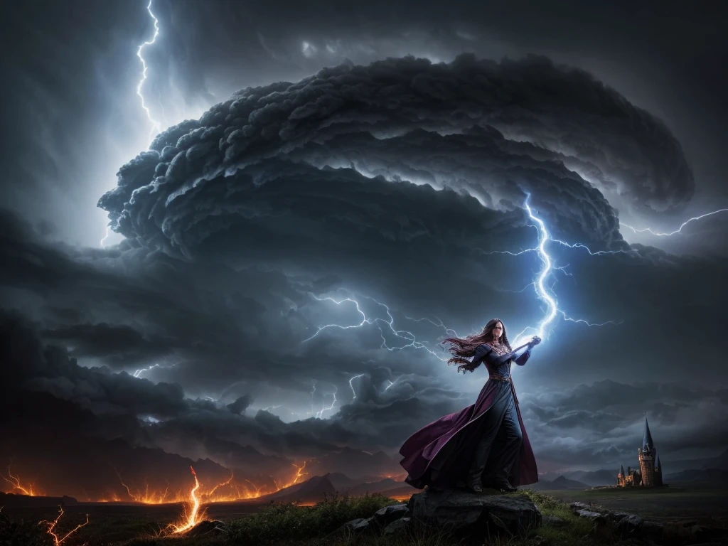 a female wizard conjuring powerful tornados to destroy a dark foreboding castle, detailed facial features, intricate magical effects, dynamic dramatic lighting, fantasy landscape, cinematic composition, photorealistic, high quality, detailed, masterpiece
