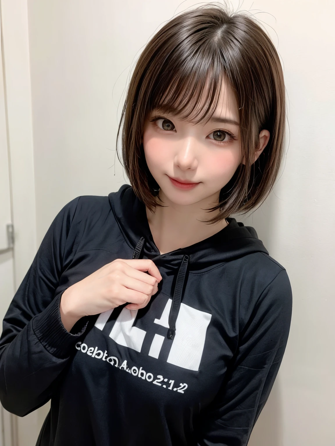 1 girl, alone, alone focus, Cowboy Shot, Portraiture, Small size hoodie, Aqua green and white hoodie:1.4, Half watercolor, Half Green, ((Brown Hair)), (Short Bob Hair、Gradient Hair :1.5), Curly Hair, ((Pink Eyes)), Very detailedな目, Sunburn, (Dark Caramel Skin:1.1、{Huge|big|Hugeな|Mega} chest:2, chestの谷間:2、Attractive and beautiful woman、Happy smiling face with mouth closed), highest quality, Very detailed, so beautiful、White Background, Simple Background