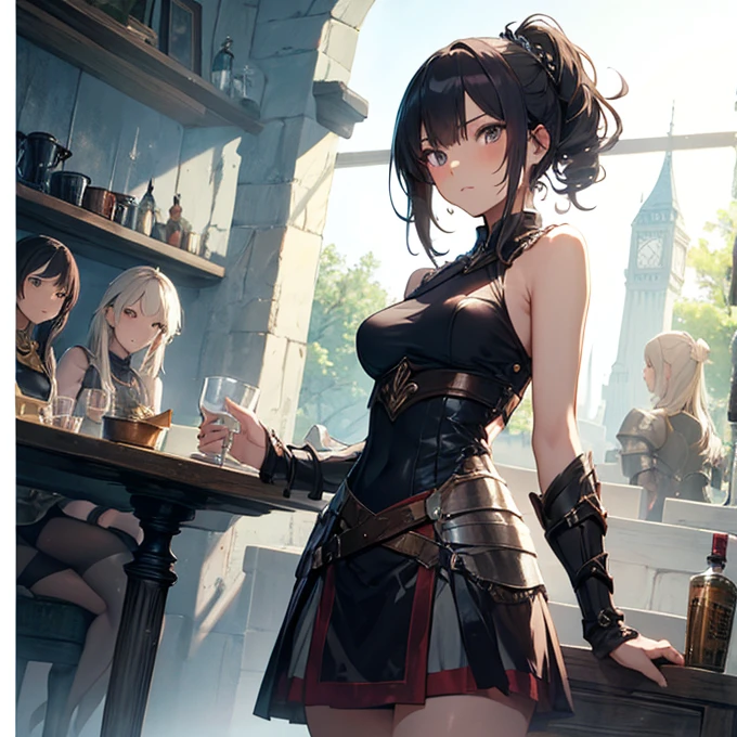 A group of  female medieval fantasy adventurers, (in tavern), various hair styles, harem, night, details face, short skirt, seducing, sleeveless, armor 