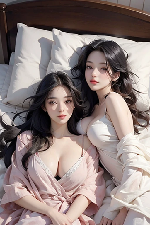 two beautiful girls,Lying in bed,dyed hair,Large Breasts,chiffon,thong,cleavage,Touch each other's underwear,Wear a necklace,doctrine。