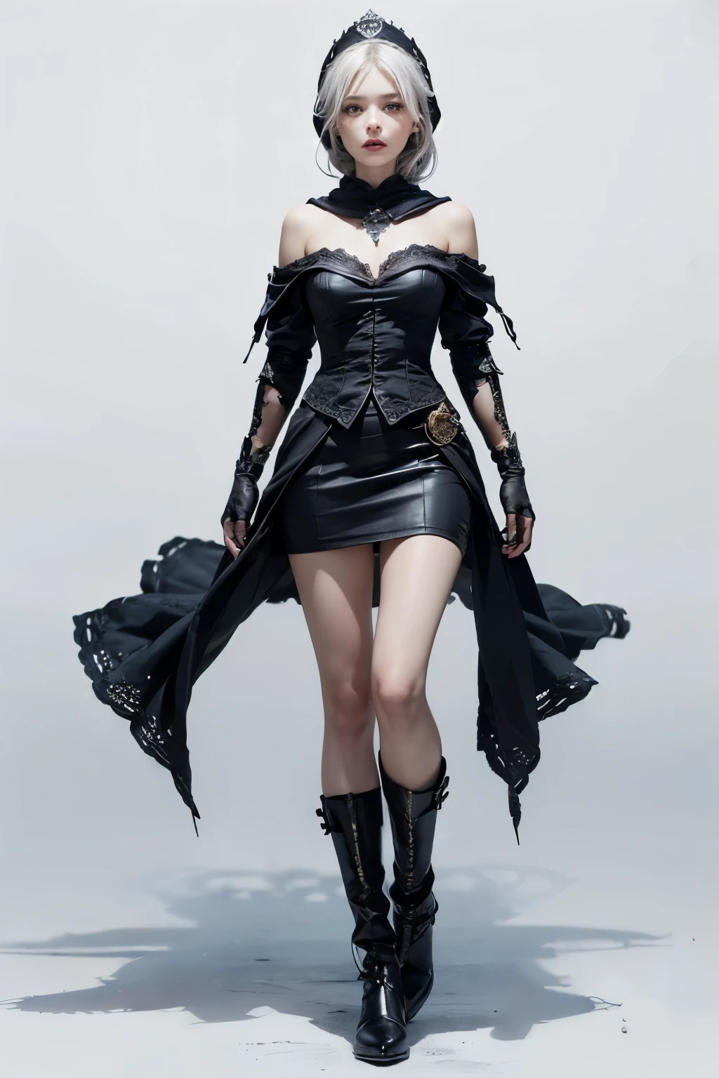 mpts
Copy
(((masutepiece, of the highest quality, super detailed))), a knight, white background, plain background, Bloodborne inspired, Bloodborne, occult aesthetic, occult, Complex mechanical cyborg girl, Skeleton body, Off-the-shoulder fashion fused with detailed and intricate steampunk and detailed gothic lolita (with a hood), diadems, very thin long legs, Complex mechanical boots above the knee, Fluttering lace flared mini skirt, beautiful small breasts directed upwards, (((( Highly detailed face))), small thin nose, Small thin lips mouth, (((Very sharp focused eyes))), Very large slit precision pale grey eyes that shine like jewels. very long eyelashes, Silver hair swaying in the wind, Emitting a dazzling light in a mandala pattern, white background, Very dramatic and cinematic lighting, red and white clothing, full body, whole body, body, cosmic horror