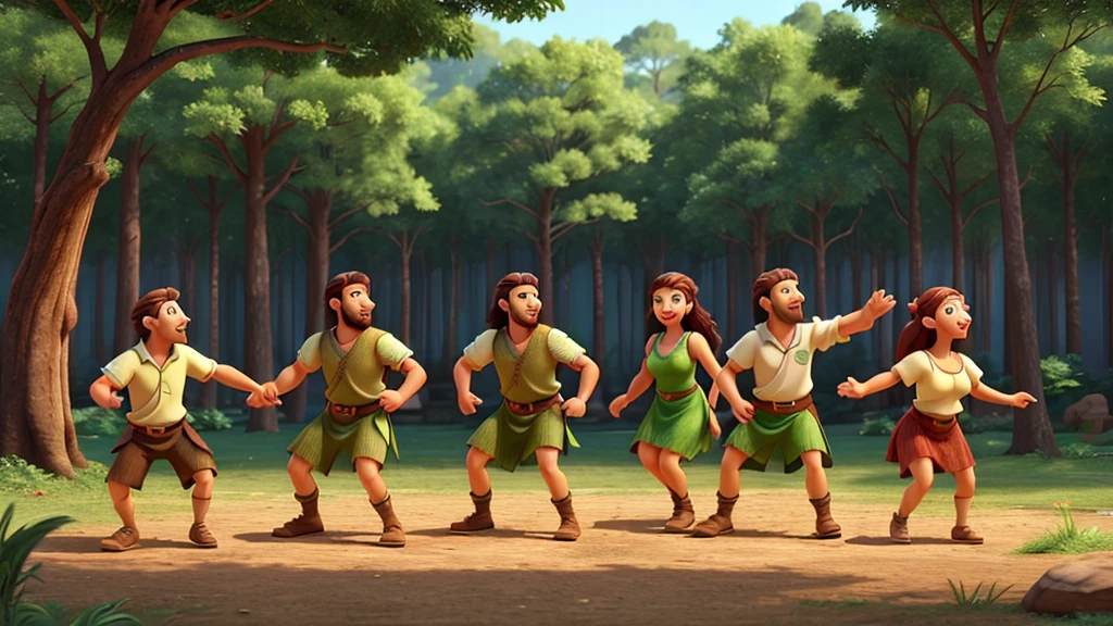 3d cartoon. friendly prehistoric men and women dancing. forest environment. Expression of joy. 3D cartoon