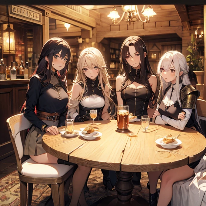 A highly detailed and realistic scene of a female adventurer from a medieval fantasy setting, shown from the waist up, sitting in a lively and atmospheric tavern with her companions. She is wearing intricately designed leather armor with a dark cloak. Her long hair is tied back in a ponytail. She has a warm, friendly smile and is laughing with her companions. The table in front of them is filled with rustic tankards made of wood or metal, similar to those used by pirates, and other medieval drinking vessels. The tavern is dimly lit with candles and lanterns, creating a cozy and inviting atmosphere. Her attire shows signs of wear and tear, indicating her experience and many adventures. The lighting is natural, with soft shadows to highlight the details of her armor, facial features, and the lively scene around her.