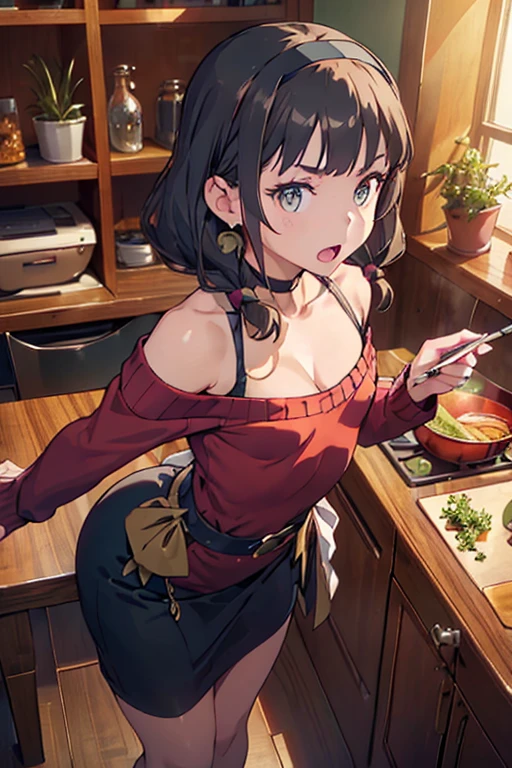 (small breasts:1.3), (perky chest:1.1), (pointed chest:1.0), (fashion magazine cover:1.3),(from above:1.0),(from side:0.9),masterpiece, 1girl, Amazing Cleavage:1.1, thin waist, big ass, Raised sexy, small breast: 1.3, posed cleavage:1.2、solo, looking at viewer, open mouth, have a cute grass of cute beergrass,black hair, dark green eyes, dress, bare shoulders, jewelry, collarbone, sidelocks, hairband, earrings, indoors, off shoulder, :o, sweater, arms behind back, plant, short hair with long locks, gild hairband, off-shoulder dress, sweater dress, off-shoulder sweater, red sweater, dark gord hair, big side hair, very long side hair,is rendered in (masterpiece: 1.2, best quality), with (ultra high resolution) and an exquisite (depth of field). This masterpiece is not only visually stunning but also tells,A scene of cooking in the kitchen by classroom