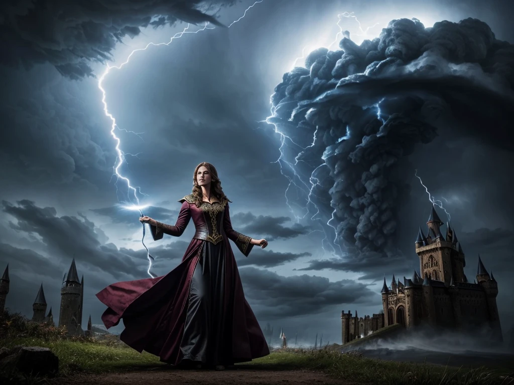 a female wizard conjuring powerful tornados to destroy a dark foreboding castle, detailed facial features, intricate magical effects, dynamic dramatic lighting, fantasy landscape, cinematic composition, photorealistic, high quality, detailed, masterpiece