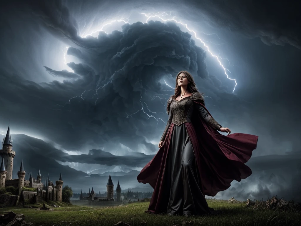 a female wizard conjuring powerful tornados to destroy a dark foreboding castle, detailed facial features, intricate magical effects, dynamic dramatic lighting, fantasy landscape, cinematic composition, photorealistic, high quality, detailed, masterpiece