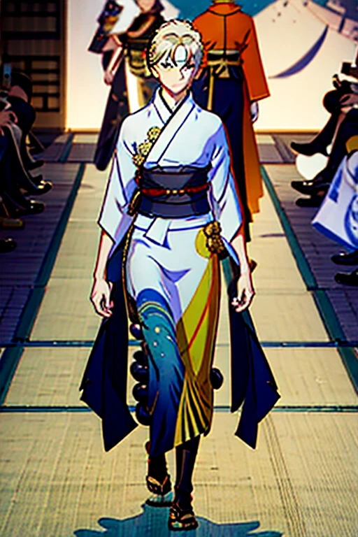 sand and earth theme, (ronin yukata outfit:1.3), male, man, boy, avant garde fashion, wearable art, couture, oversized clothing, skintight clothing, fullbody