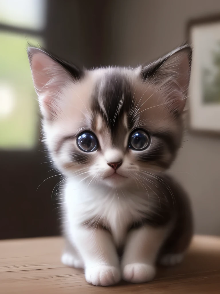 (highest quality,4K,8k,High resolution,masterpiece:1.2),Super detailed,(Realistic,Realistic,Photorealistic:1.37),indoor,Cute black and white siamese kitten,(Mostly white、Only the bridge of the nose is black)、Art Gallery、(Very small kitten)、Random Pause