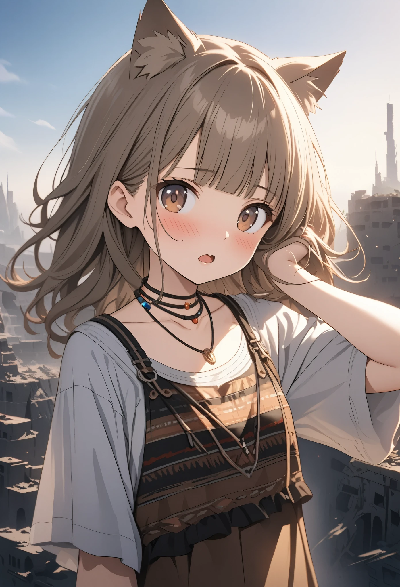 ((Masterpiece)), ((best quality)), (Anime:1.3), (super detail:1.2),(High Definition:1.3), (Professional Photography:1.2), ((12 years old)), (wide shot), (morning), messy medium hair, (wearing tribal salopette), tribal thin necklace, (Healthy body), (beautiful small breast), Beautiful collarbone, pale brown hair, cute teenage girl, (shy and very blush), lower eyelashes, (loose blunt bangs), red mesh hair, Slender body, (place hand on hair), glossy skin, open mouth, ((Beautiful brown eyes)), Textured skin, (Cat ears), Cute Beautiful Girl, BREAK, ((best quality)), ((on the collapsed city of the apocalypse)), vapor trail on the sky, (sharp focus), (perfect light), (vibrant color),