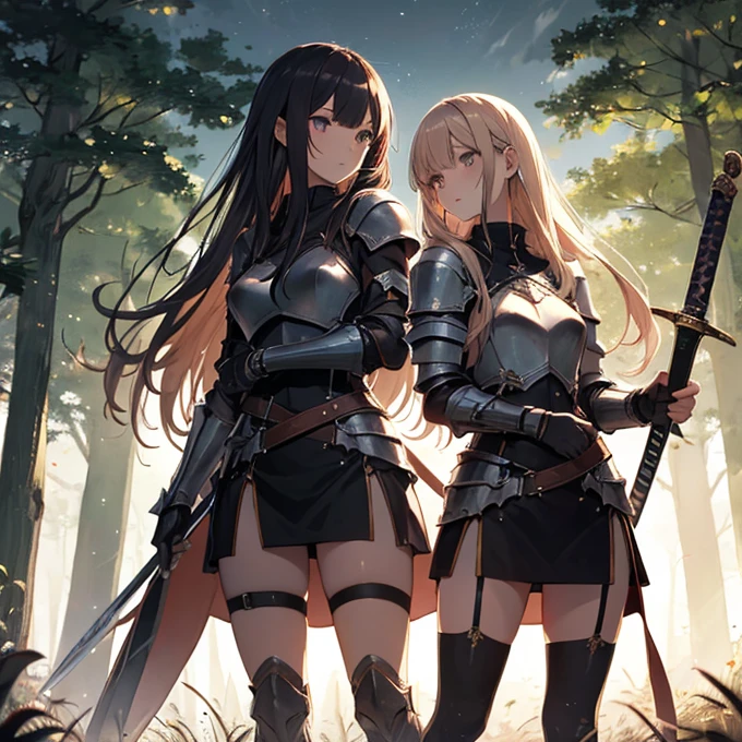 A group of  female knight, (in forest), various hair styles, harem, wearing armored clothes, metal armor, night, details face, , short skirt, seducing, sword 