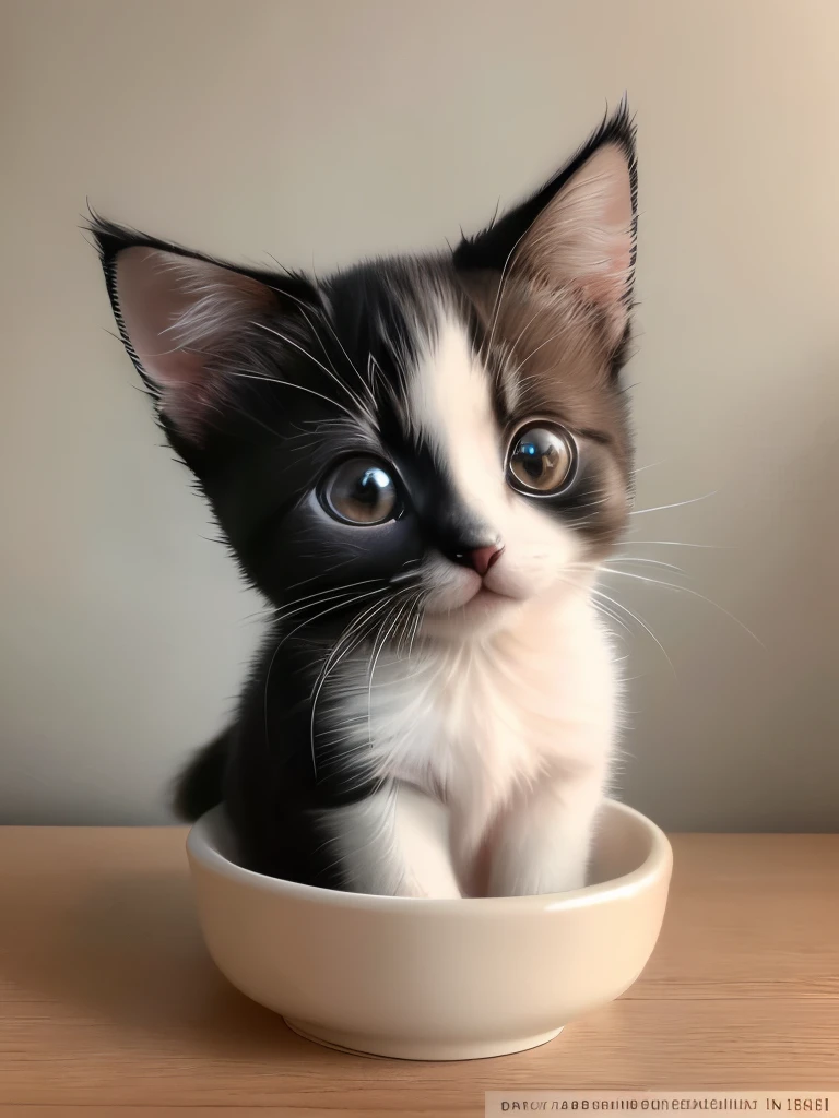 (highest quality,4K,8k,High resolution,masterpiece:1.2),Super detailed,(Realistic,Realistic,Photorealistic:1.37),indoor,Cute black and white siamese kitten,(Mostly white、Only the bridge of the nose is black)、Art ery、(Very small kitten)、Random Pause