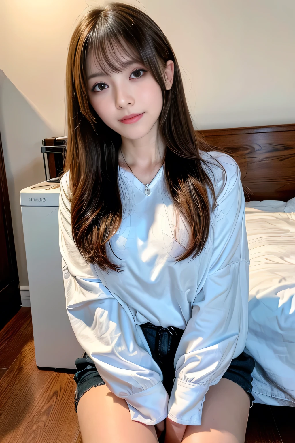 ((Full Body Angle))、((highest quality, 8K, masterpiece: 1.3)), concentrated: 1.2, Cute girl 1,Nipples erect、 Perfect beauty: 1.4,Crisscross V-neck T-shirt, Casual summer short sleeve t-shirt.Shorts: 1.2,Long sleeve、Randall Color、comics＆Text Graphics、Black ruffle-trimmed drawstring zip blouse,1.1, Highly detailed face and skin textures, Fine grain, double eyelid, whitening skin, ,highest quality,Ultra-high resolution,you,1 girl,alone,_Shiny_skin,Iris,necklace,((Brown_length_Wavy_hair)),(lips)),eyelash,Front hair,deal with,compensate,Shiny,pore,skin texture,Large Breasts、smiling face、